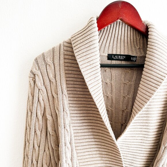 LAUREN RALPH LAUREN Cream Shawl Collar Cable Knit Sweater 100% Cotton XLarge - Picture 4 of 8